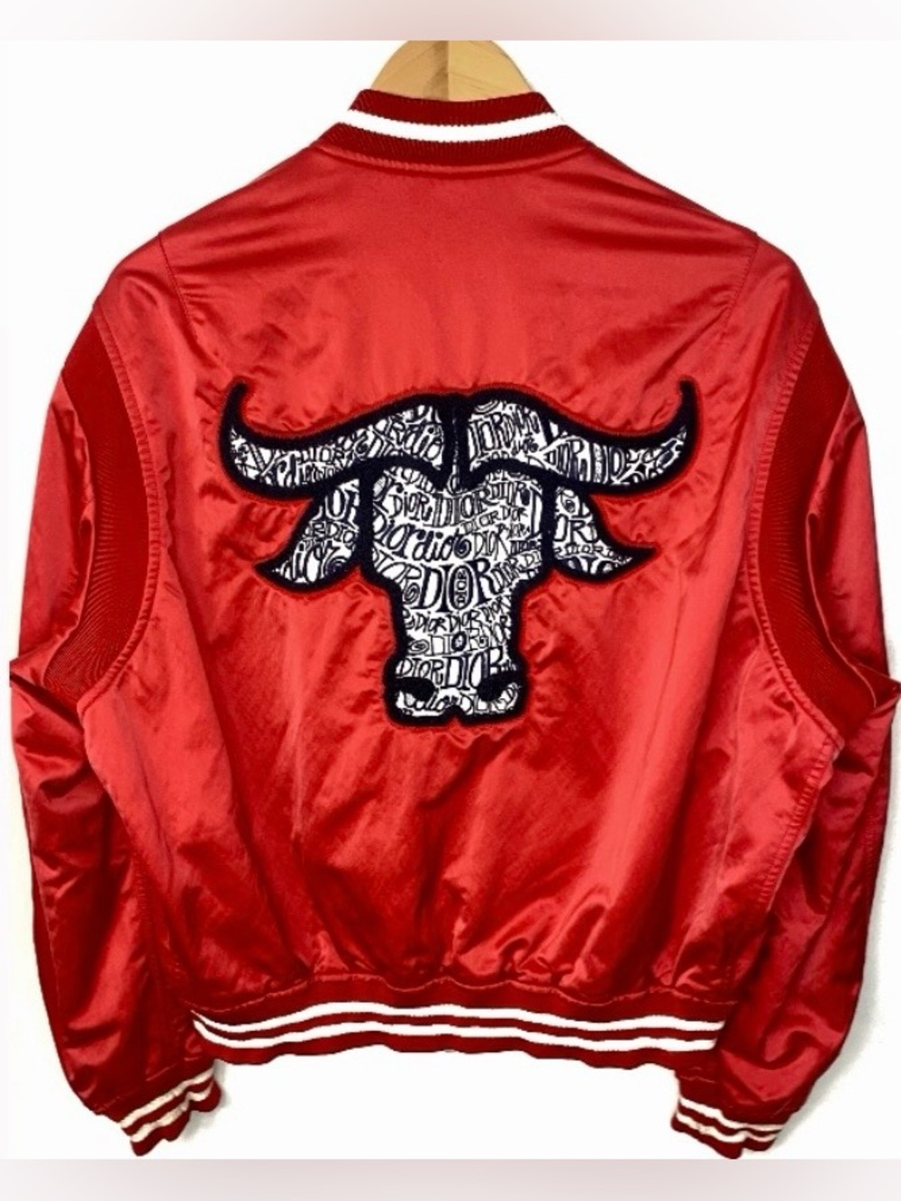 DIOR x Shawn Stussy Ox Bull Bomber Jacket Red Chinese New Year Satin Silk Sz 54